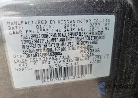 2015 Nissan Sentra Fe+ S/S/Sl/Sr/Sv из США, поврежденный, VIN 3N1AB7AP0FL638685